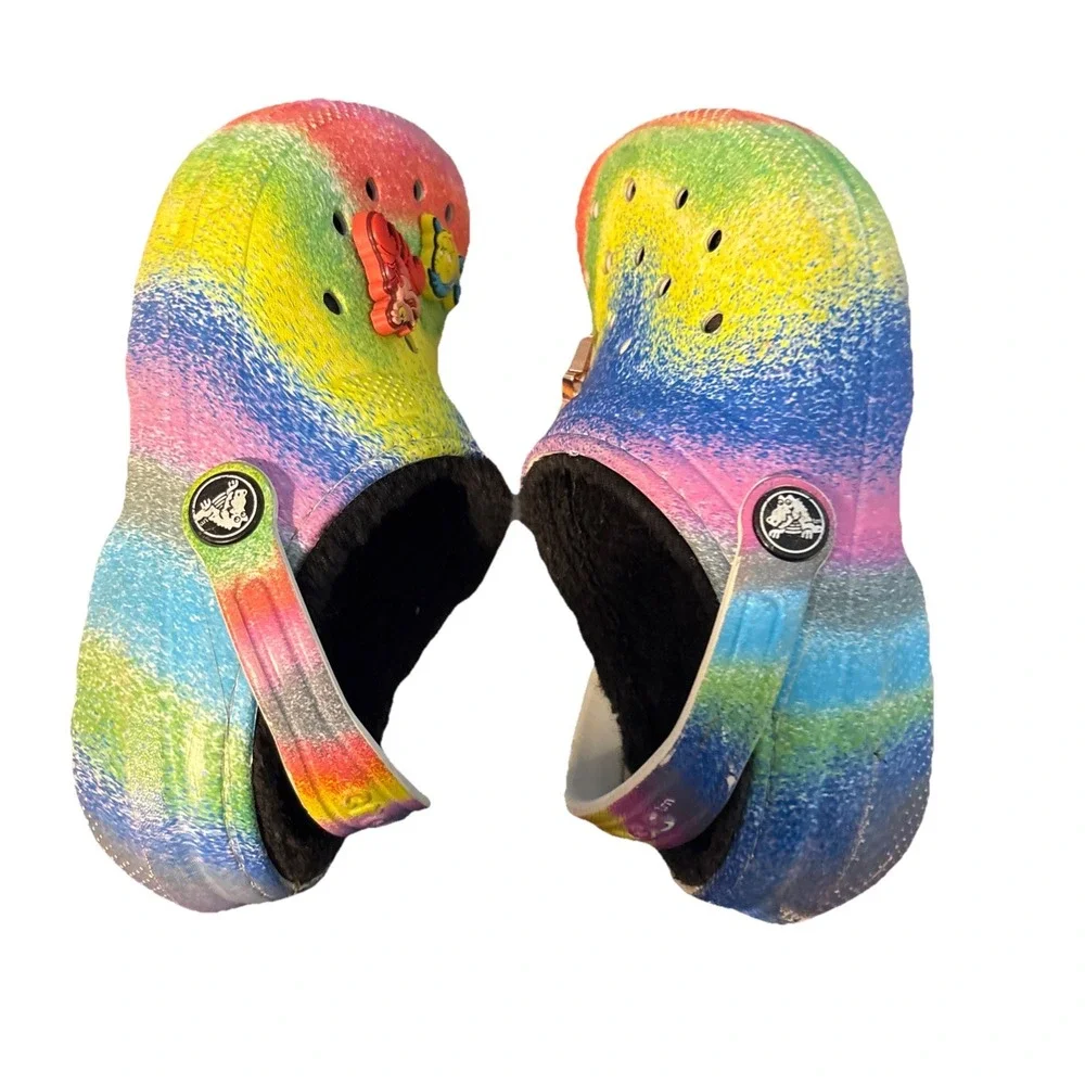 CROCS Classic Faux Fur Lined Tye Dye Spray Kids Size C12‎ Girls Mermaid Jibbitz